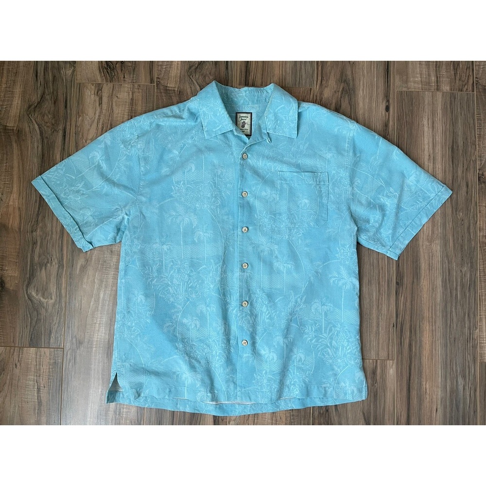 Jamaica Jaxx Mens Large Silk Hawaiian Shirt Blue Jacquard Tropical Palm Tree L
